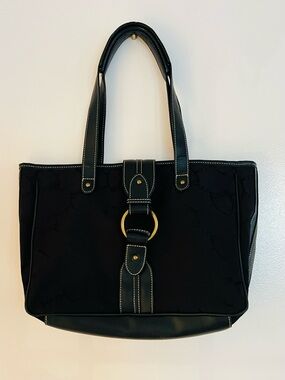 Chaps Medium Deep Black Tote Equestrian Stirrup Chain Jacquard Shoulder Bag EUC